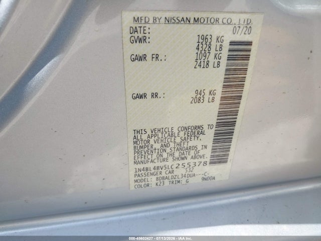 Продажа на аукционе авто 2020 Nissan Altima S Fwd, vin: 1N4BL4BV5LC255378, номер лота: 45602427