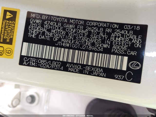 Продажа на аукционе авто 2018 Lexus Es 300h, vin: JTHBW1GG1J2189634, номер лота: 45602443