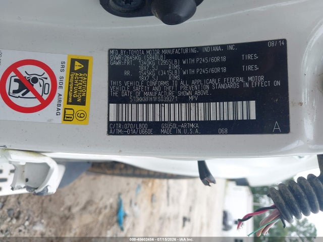 Toyota Highlander Xle V6 2015 5TDKKRFH1FS039271 Image 9