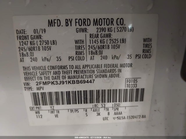Aukcja sprzedaży 2019 Ford Edge Sel, vin: 2FMPK3J91KBB69447, numer aukcji: 45602470