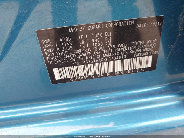 Aukcja sprzedaży 2019 Subaru Impreza 2.0i, vin: 4S3GTAA68K3734613, numer aukcji: 45602471