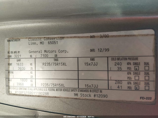 Aukcja sprzedaży 2000 Chevrolet Express Upfitter Pkg., vin: 1GBFG15R6Y1180288, numer aukcji: 45602483