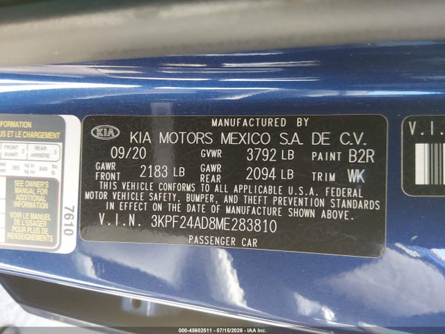 Aukcja sprzedaży 2021 Kia Forte Lxs, vin: 3KPF24AD8ME283810, numer aukcji: 45602511