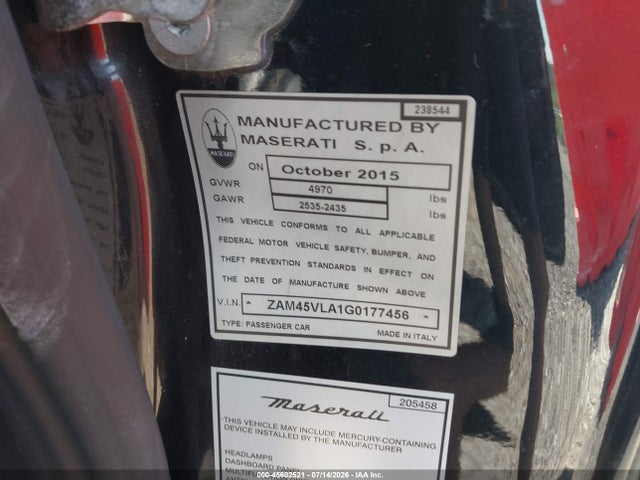 Aukcja sprzedaży 2016 Maserati Granturismo Mc/mc Centennial/sport, vin: ZAM45VLA1G0177456, numer aukcji: 45602521