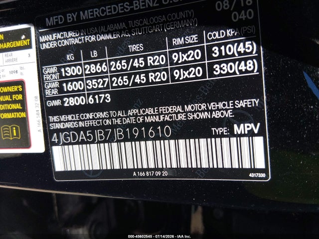 45602545 :رقم المزاد ، 4JGDA5JB7JB191610 vin ، 2018 Mercedes-benz Gle 350 مزاد بيع