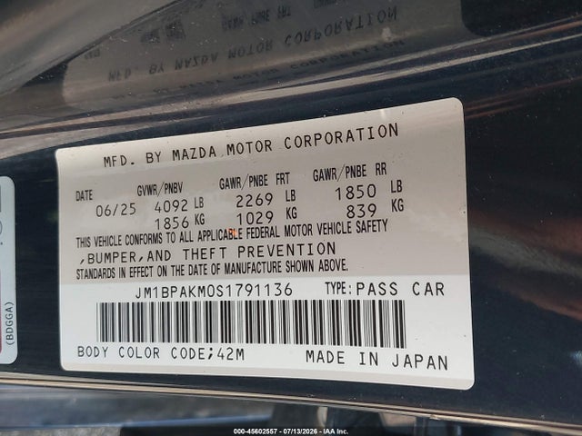 Продаж на аукціоні авто 2025 Mazda Mazda3 2.5 S Select Sport, vin: JM1BPAKM0S1791136, номер лоту: 45602557