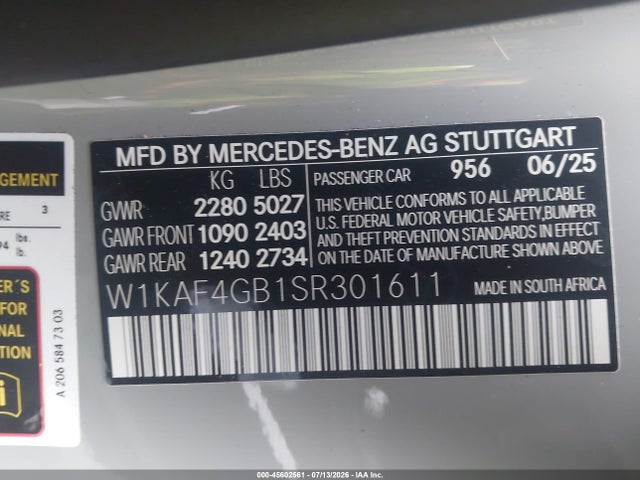 Aukcja sprzedaży 2025 Mercedes-benz C 300, vin: W1KAF4GB1SR301611, numer aukcji: 45602561