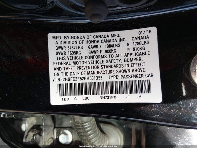 Продажа на аукционе авто 2016 Honda Civic Lx, vin: 2HGFC2F52GH531353, номер лота: 45602586