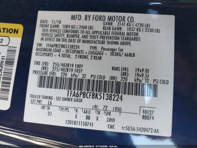 Ford MUSTANG GT 2019 1FA6P8CF8K5138224 Image 9