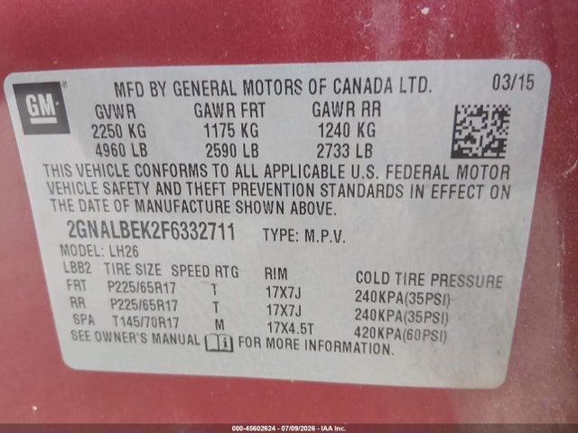 Chevrolet EQUINOX LT 2015 2GNALBEK2F6332711 Image 9