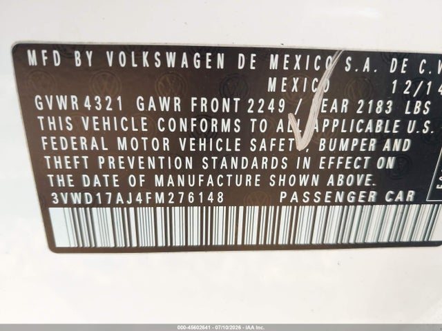 Продаж на аукціоні авто 2015 Volkswagen Jetta 1.8t Se, vin: 3VWD17AJ4FM276148, номер лоту: 45602641