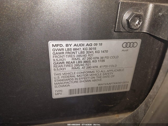 45602649 :رقم المزاد ، WA1VAAF7XKD012014 vin ، 2019 Audi Q7 55 Premium مزاد بيع