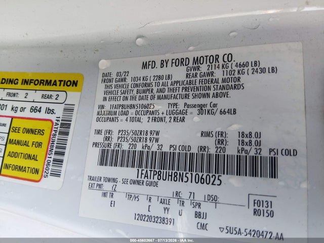 1FATP8UH8N5106025 Ford Mustang Ecoboost Premium