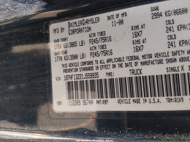 Продаж на аукціоні авто 2001 Dodge Ram 1500 St, vin: 1B7HF13Z21J559935, номер лоту: 45602674