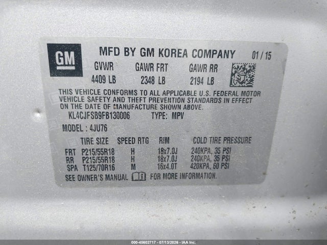 45602717 :رقم المزاد ، KL4CJFSB9FB130006 vin ، 2015 Buick Encore Convenience مزاد بيع