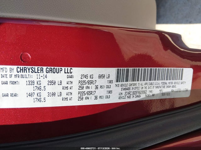 2015 Chrysler Town & Country Touring მანქანა იყიდება აუქციონზე, vin: 2C4RC1BG5FR629962, აუქციონის ნომერი: 45602721