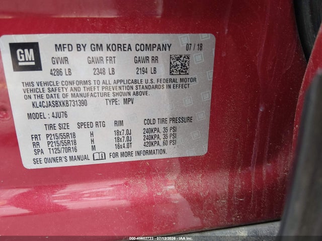 45602723 :رقم المزاد ، KL4CJASBXKB731390 vin ، 2019 Buick Encore Fwd Preferred مزاد بيع