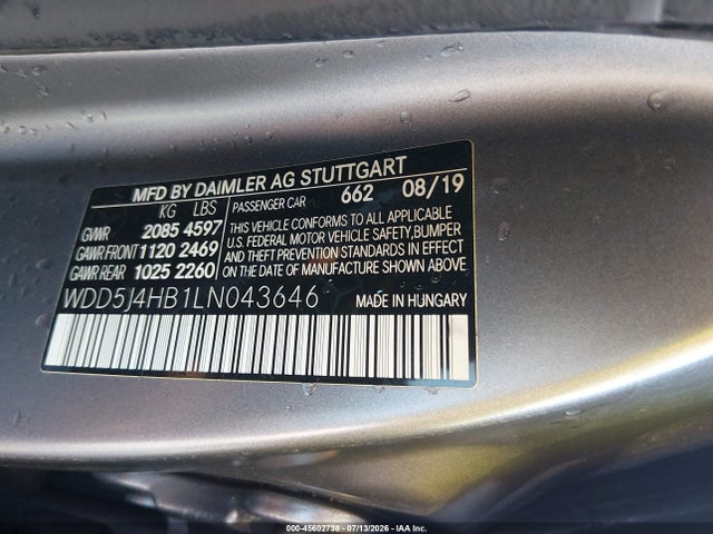 45602738 :رقم المزاد ، WDD5J4HB1LN043646 vin ، 2020 Mercedes-benz Cla 250 4matic مزاد بيع