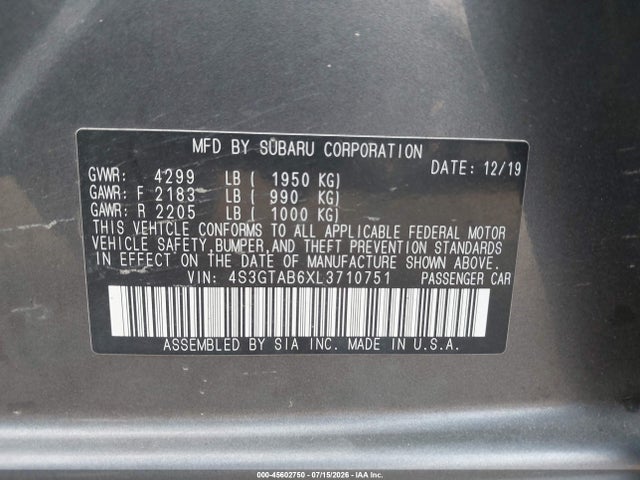 Aukcja sprzedaży 2020 Subaru Impreza 5-door, vin: 4S3GTAB6XL3710751, numer aukcji: 45602750