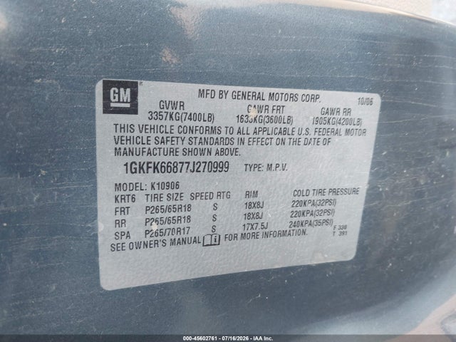 Продаж на аукціоні авто 2007 Gmc Yukon Xl Denali Denali, vin: 1GKFK66877J270999, номер лоту: 45602761