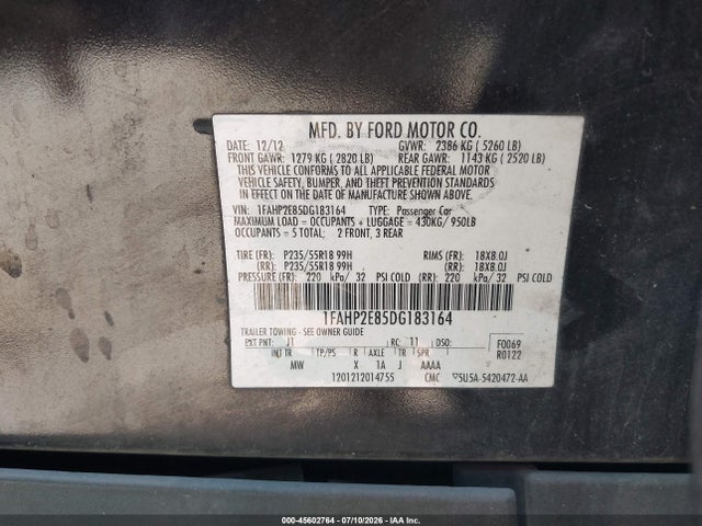 45602764 :رقم المزاد ، 1FAHP2E85DG183164 vin ، 2013 Ford Taurus Sel مزاد بيع