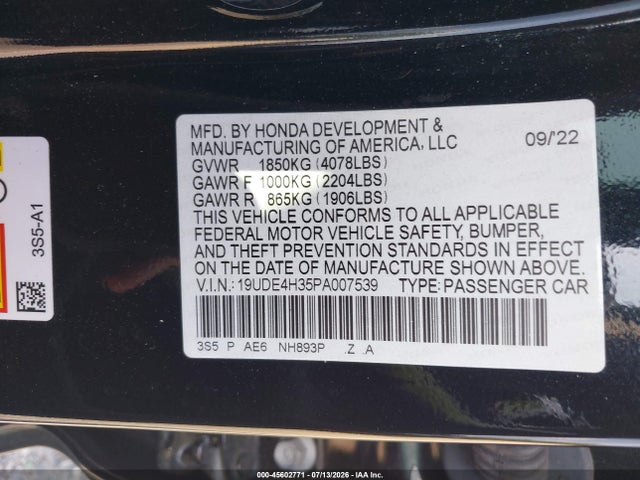 Aukcja sprzedaży 2023 Acura Integra A-spec, vin: 19UDE4H35PA007539, numer aukcji: 45602771