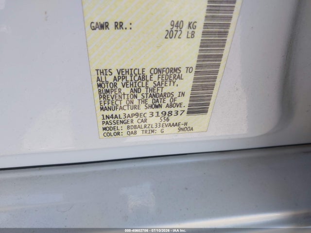 45602786 :رقم المزاد ، 1N4AL3AP9EC319837 vin ، 2014 Nissan Altima 2.5 S مزاد بيع