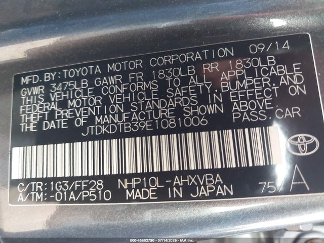 Toyota Prius C Two 2014 JTDKDTB39E1081006 Image 9