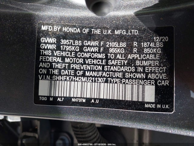 Aukcja sprzedaży 2021 Honda Civic Sport, vin: SHHFK7H42MU211307, numer aukcji: 45602795