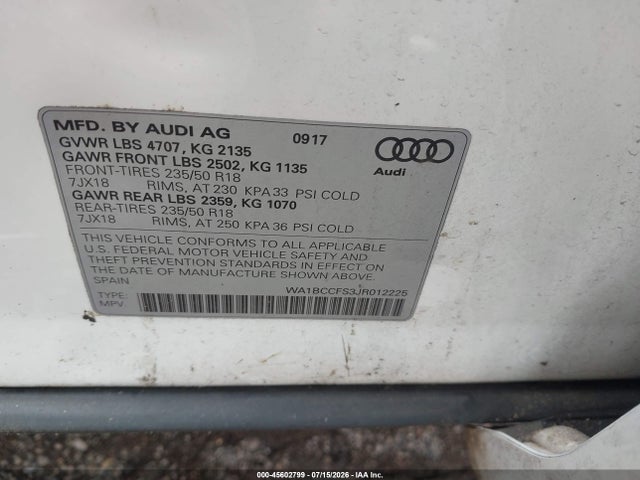 2018 Audi Q3 2.0t Premium/2.0t Sport Premium მანქანა იყიდება აუქციონზე, vin: WA1BCCFS3JR012225, აუქციონის ნომერი: 45602799