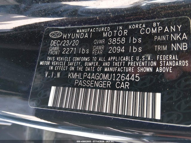 45602805 :رقم المزاد ، KMHLP4AG0MU126445 vin ، 2021 Hyundai Elantra Limited مزاد بيع