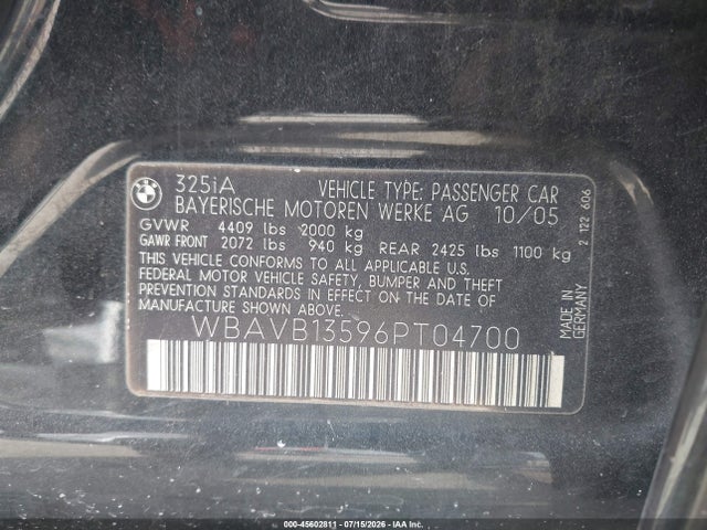 Продажа на аукционе авто 2006 Bmw 325i, vin: WBAVB13596PT04700, номер лота: 45602811