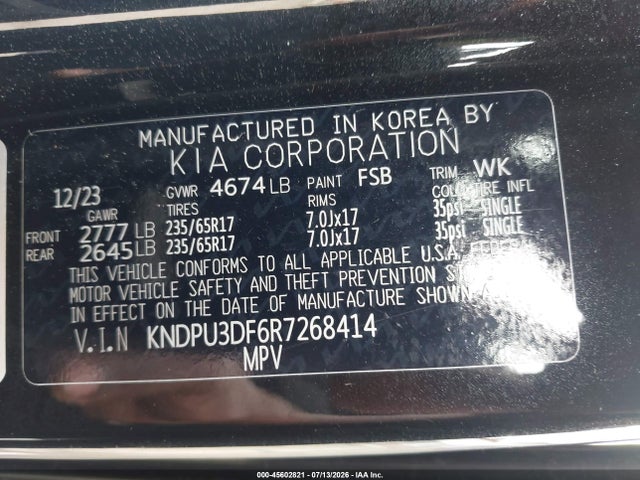 45602821 :رقم المزاد ، KNDPU3DF6R7268414 vin ، 2024 Kia Sportage Lx مزاد بيع