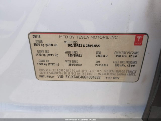 45602823 :رقم المزاد ، 5YJXCAE46GF004833 vin ، 2016 Tesla Model X 60d/p100d/p90d مزاد بيع