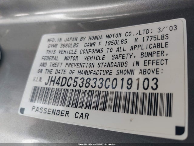 45602824 :رقم المزاد ، JH4DC53833C019103 vin ، 2003 Acura Rsx مزاد بيع