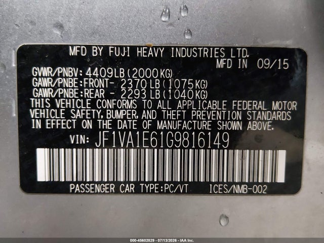 Aukcja sprzedaży 2016 Subaru Wrx Premium, vin: JF1VA1E61G9816149, numer aukcji: 45602829