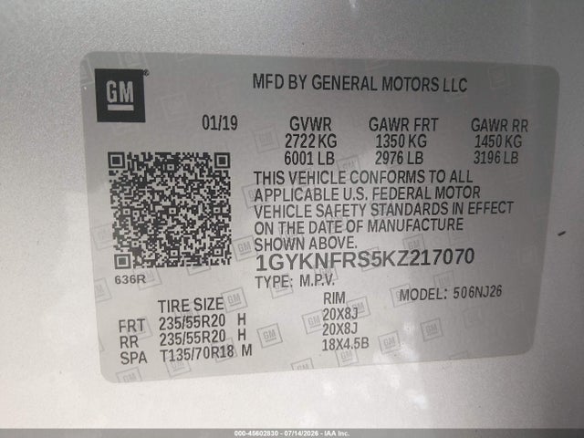 2019 Cadillac Xt5 Premium Luxury მანქანა იყიდება აუქციონზე, vin: 1GYKNFRS5KZ217070, აუქციონის ნომერი: 45602830