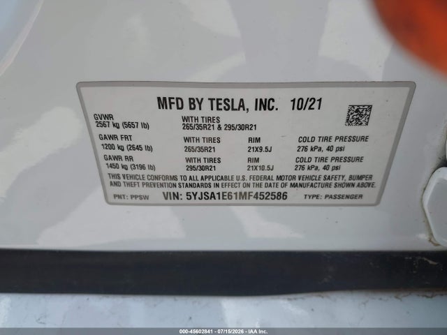 5YJSA1E61MF452586 Tesla Model S Plaid Tri Motor All-wheel Drive
