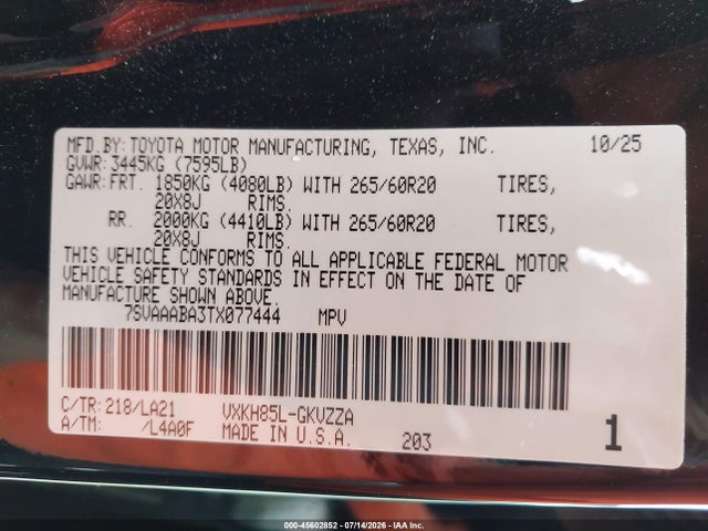 2026 Toyota Sequoia Platinum მანქანა იყიდება აუქციონზე, vin: 7SVAAABA3TX077444, აუქციონის ნომერი: 45602852