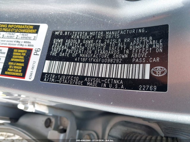 45602860 :رقم المزاد ، 4T1BF1FK6FU098292 vin ، 2015 Toyota Camry Le مزاد بيع