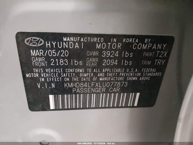 Продажа на аукционе авто 2020 Hyundai Elantra Sel, vin: KMHD84LFXLU077873, номер лота: 45602862