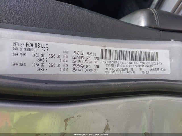 Продажа на аукционе авто 2019 Dodge Durango Gt Plus Rwd, vin: 1C4RDHDGXKC650442, номер лота: 45602866