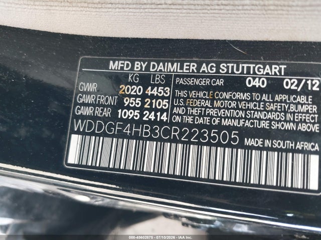 Aukcja sprzedaży 2012 Mercedes-benz C 250 Luxury, vin: WDDGF4HB3CR223505, numer aukcji: 45602875