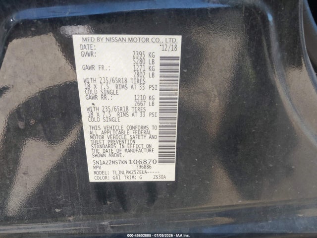 Nissan MURANO S 2019 5N1AZ2MS7KN106870 Image 9