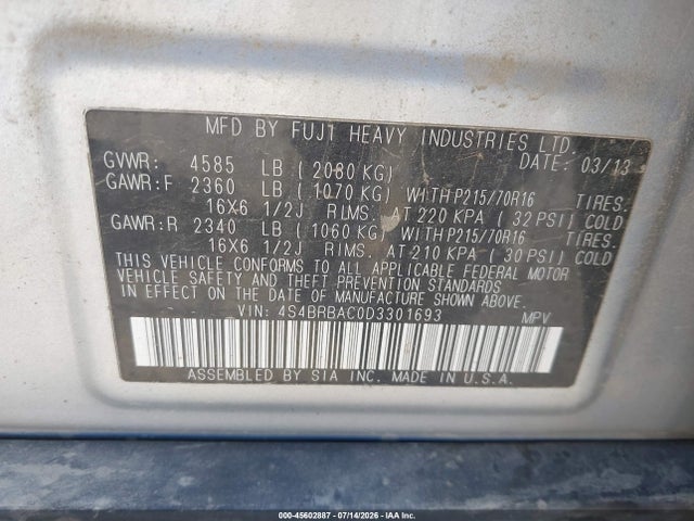 Aukcja sprzedaży 2013 Subaru Outback 2.5i, vin: 4S4BRBAC0D3301693, numer aukcji: 45602887