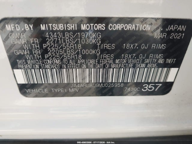 Продаж на аукціоні авто 2021 Mitsubishi Outlander Sport 2.0 Be Awc/2.0 Es Awc/2.0 Le Awc/2.0 Se Awc, vin: JA4ARUAU9MU025958, номер лоту: 45602898