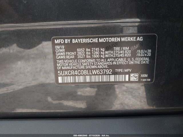 45602940 :رقم المزاد ، 5UXCR4C08LLW63792 vin ، 2020 Bmw X5 Sdrive40i مزاد بيع