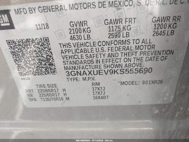 2019 Chevrolet Equinox Lt მანქანა იყიდება აუქციონზე, vin: 3GNAXUEV9KS555690, აუქციონის ნომერი: 45602943