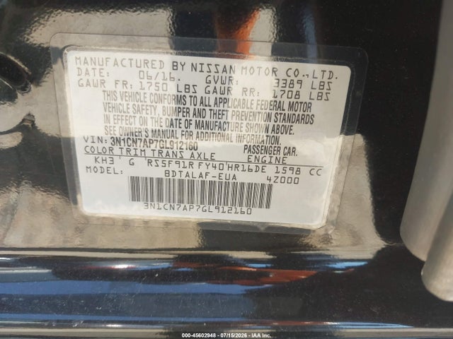 45602948 :رقم المزاد ، 3N1CN7AP7GL912160 vin ، 2016 Nissan Versa 1.6 S مزاد بيع
