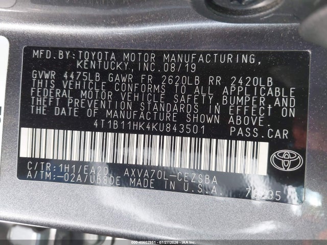 Toyota CAMRY SE 2019 4T1B11HK4KU843501 Image 9